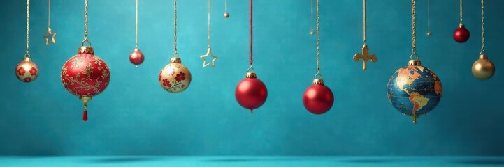 Ornament elements suspended from a chain in mid-air above blue background, decorative items, decoration
