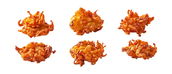 Pack of Crispy Onion Pakoras set of Five Different Poses set Against Transparent Background for Food Packaging, Restaurant Menus, or Culinary Promotions