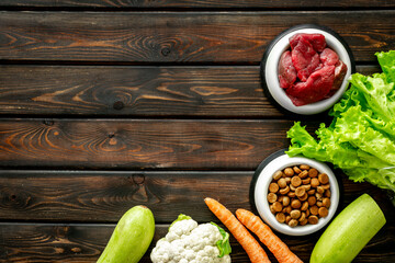 Tasty food for pets with beef meat and vegetables, top view