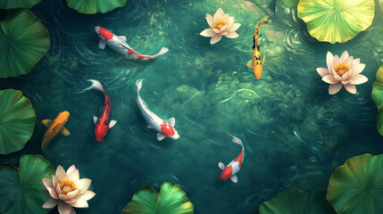 Graceful koi fish swimming amidst lotus flowers in tranquil pond nature scene aerial view serene environment