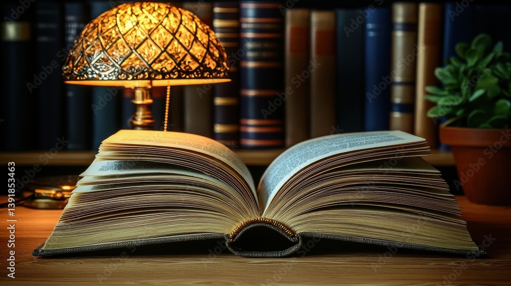 Aufkleber close-up of gently turning pages of an open book in a cozy room with soft lamp light and bookshelves