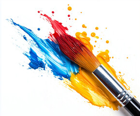 Obraz premium vibrant splash of multi colored paint with paintbrush, showcasing red, blue, and yellow hues, evokes creativity and artistic expression