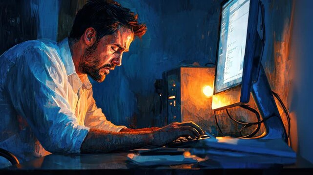 Focused man working late at a computer.