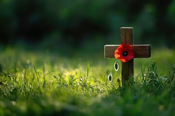 Remembrance Poppy on Cross in Green Grass Honoring Fallen Soldiers