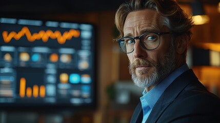 Businessman Analyzing Data on a Large Monitor in Modern Office