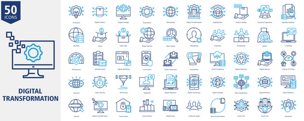Digital Transformation Icon Set Outline duo tone Style with Innovation, Digital Product, Digital Strategy, Automation, Networking, Digital Transformation, Digitalization, Product Quality