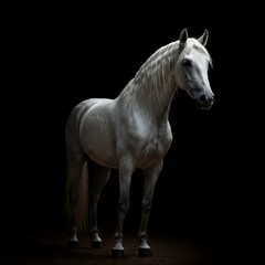 Obraz premium White horse on the dark background. White Andalusian horse on the dark background, studio shot