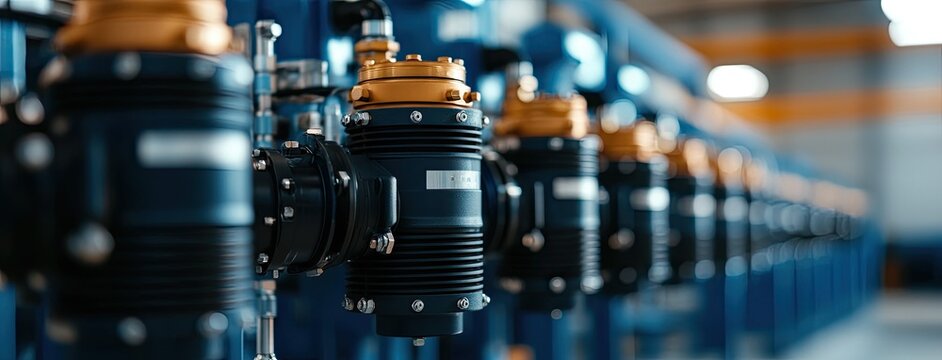 High-pressure air motors are neatly arranged on a blue shelf, perfect for commercial use and photography applications