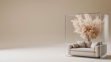 High-resolution 3D rendering of a stylish living room with a sofa and television, set in a cube with bright lighting and vivid details