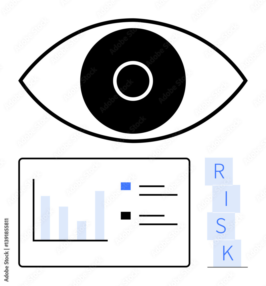 Poster eye icon above a bar graph with labels and stacked blocks spelling risk. ideal for data analysis, ri