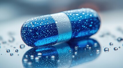 Close-up of Blue Capsule with Water Droplets on Reflective Surface