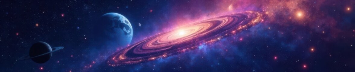 Vast galaxy with stars and planets in darkness, planets, universe