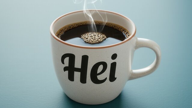 Close-up of a steaming cup of coffee with "Hei" written on the side.