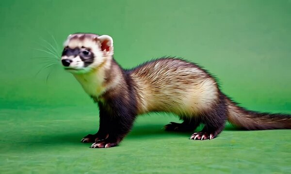 green screen video frame of small curious ferret sniffing gently while standing alert on bright green solid background