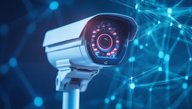Security camera on pole with blue network background.