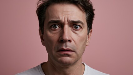 Fototapeta premium Worried man with wide eyes expressing fear against a pink background.