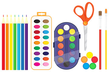 Vector illustration of art tools for drawing and painting, colorful pencils, paints in boxes and palette, paint brushes and scissors isolated on white background.