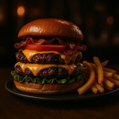 Square Format Image of Gourmet Double Cheeseburger with Bacon, Lettuce, Tomato, and Crispy Fries – Realistic Restaurant Ambiance with Moody Lighting