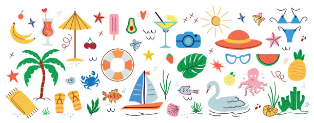 trendy, tropical fruits, desserts, summer elements. naive, summer set, isolated figures on a white background. minimalist, childish, naive style. for print, banners, social networks, businesses. 