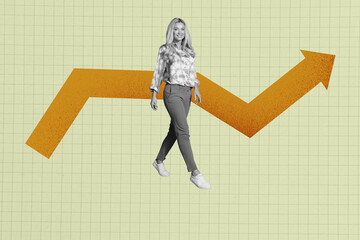 Composite trendy magazine photo collage of happy businesswoman walk arrow development statistics...