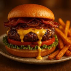 Realistic Square Image of a Bacon Cheeseburger with Melting Cheese, Lettuce, Tomato, and Curly Fries – Warm Lighting with Shallow Depth of Field