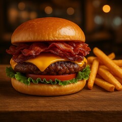 Premium Cheeseburger with Crispy Bacon, Lettuce, Tomato, and Fries on a Wooden Surface – Realistic Food Photo with Restaurant Ambience
