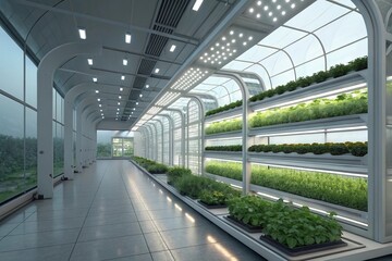 Obraz premium Futuristic indoor greenhouse with AI climate control and hydroponic systems, glowing tech ambiance.