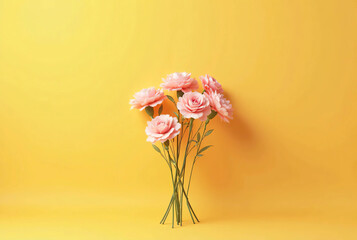 Obraz premium A bouquet of carnations on a yellow background. Mother's day image. Expressing gratitude.