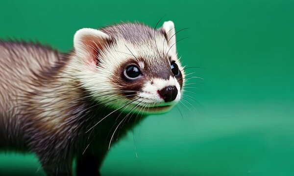 green screen video frame of ferret walking carefully with adorable movement across flat bright green screen backdrop