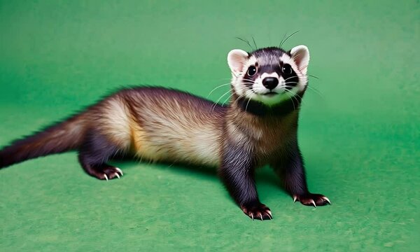 green screen video frame showing fluffy ferret slowly turning its head and standing on green isolated background