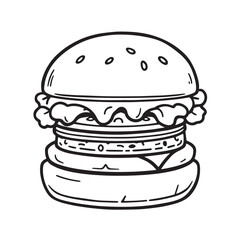 Cheeseburger black vector line art on white background