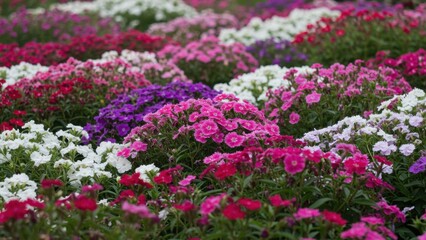 Vibrant display of colorful flowers in a garden setting, a beautiful floral field.