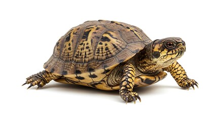 Obraz premium Eastern Box Turtle Portrait Shell and Shadow Ancient Wisdom Reptilian Majesty A Slow Gaze Turtle's Journey Carapaced Beauty Nature's Armor Box Turtle Study Wildlife Close Up AI Generated