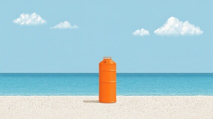 Minimalist Pixel Art Featuring Orange Container on Beige Beach with Blue Sky