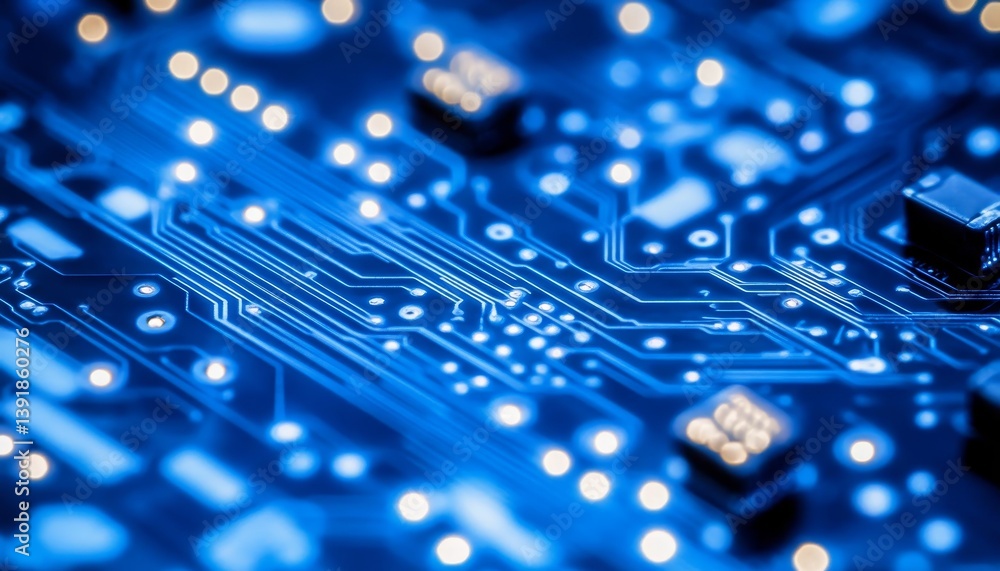 Poster close-up of circuit board, abstract tech background with electronic components and connections.