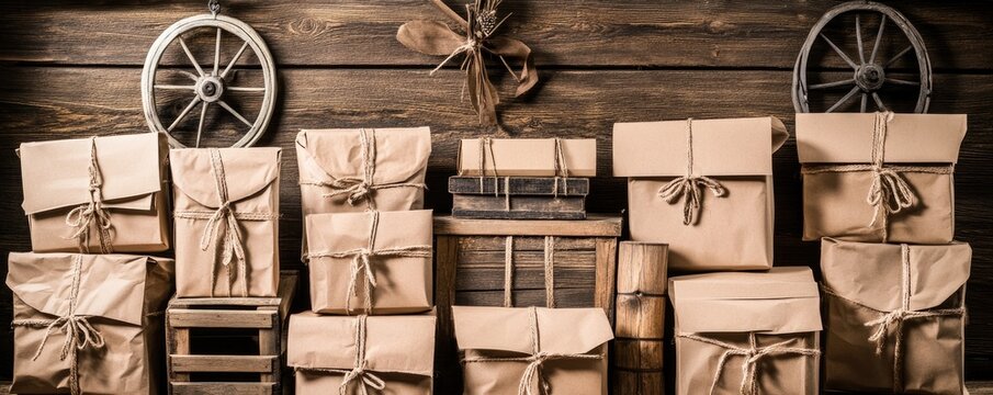 Stack of parcels wrapped in brown paper with string on rustic wooden background, decorative wheels