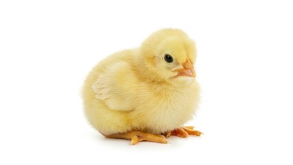 Fototapeta premium A small, fluffy yellow chick sits isolated on a clean, white background.