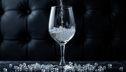 Sparkling water pouring into a crystal glass filled with ice and glass beads