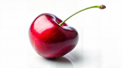 Single cherry on white background with glossy surface