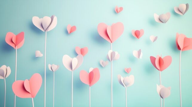 Elegant Light Blue Background with Floating Pink and White Paper Hearts - Romantic Valentine's Day Backdrop