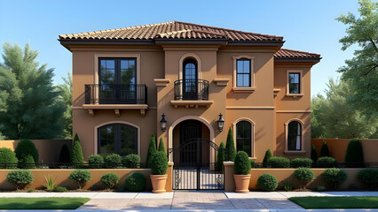 Fototapeta premium Mediterranean-Style House Exterior Design: Brown Stucco, Tile Roof, Balcony, Landscaping, Gate, Windows, Arches, Potted Plants