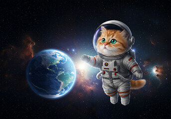 Naklejka premium Adorable Astronaut Cat in Space, Earth and Galaxy Background, Cosmic Exploration, Furry Spacecat, Celestial Body Adventure