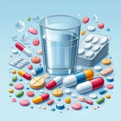 White pills, tablets, and capsules closeup represent various medications for health and care