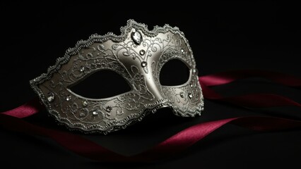 Naklejka premium Elegant silver masquerade mask with ribbons against a dark background.