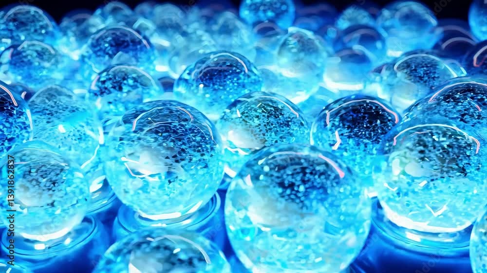 Poster lots of beautiful chaotic and slow translucent spheres on a dark background. suitable for abstract d