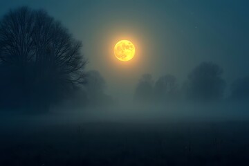 Fototapeta premium Autumn night landscape with cold foggy nature with big bright yellow moon in the sky.