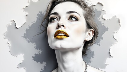 Fototapeta premium Contemplative Woman with Gold Lips Breaking Through White Surface. A dramatic portrait of a woman emerging through a torn white surface, featuring striking gold lipstick and an upward gaze