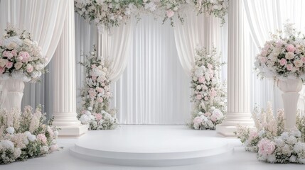 Elegant wedding ceremony backdrop with flowers and columns. Possible use stock photo for wedding invitations or decor