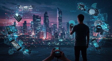 Futuristic Cityscape: Man Controls Smart Devices and a Drone Over a Vibrant Metropolis at Night