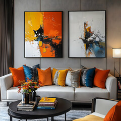A living room showcasing a white sofa with colorful pillows and abstract art hanging on the wall behind it